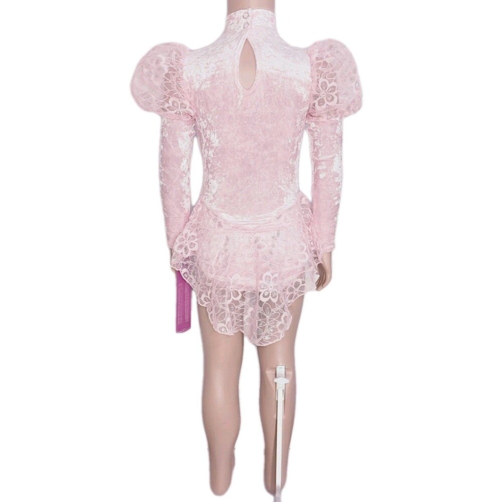 Gilda Marx VTG High Neck Velvet Lace Keyhole Pink Leotard Skate Dress Girls 8/10 - Picture 7 of 16